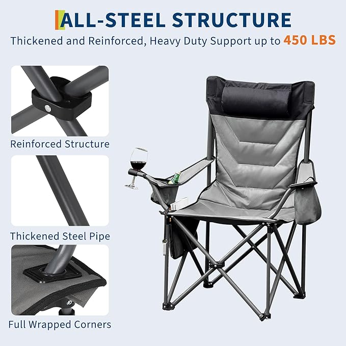 GAOMON Oversized Padded Camp Chair，Heavy Duty Camping Chair 500Lbs Capacity with High Back Support & Headrest, Folding Portable Camping Chair for Beach, Fishing, Backyard,1 Pack