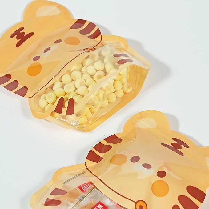 QQ Studio Pack of 100 Goodie Bags with Animal Design Strand Strong Resealable Pouches Perfect for Gift Treats and Favor with Clear Window 7 Inch x 8.75 Inch (Orange Tiger)
