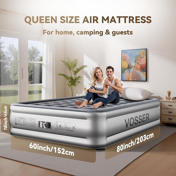 Air Mattress Queen with Built in Pump,Blow Up Mattress in 3 Mins,18'' Raised Self Inflatable Mattress,Portable Airbed for Home,Floor&Travel,Queen Size Air Matress for Adults,660LB Max,Silver