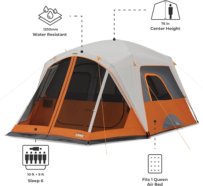 CORE Tent for Family Camping | 4 Person & 6 Person Portable Camp Tent with Carry Bag for Outdoor Car Camping | Included Gear Loft Organizer for Camp Accessories