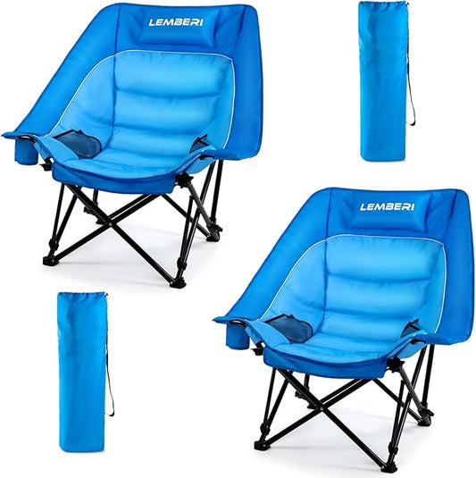 Oversized Camping Chairs 2 Pack, Heavy Duty Folding Chairs Support 500LB for Adults, Portable Low Beach Chairs with Headrest Support and Cup Holder for Outdoor, Camping, Sports, Blue