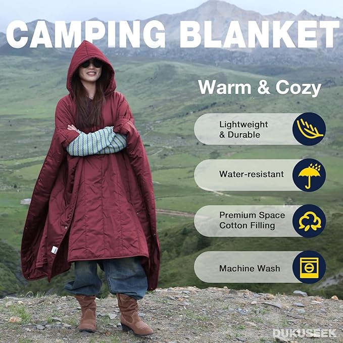 DUKUSEEK Outdoor Wearable Camping Blanket, Large Packable Backpacking Hooded Stadium Blankets, Lightweight Warm Quilt for Picnic, Hiking, Football, 79"X56", Wine Red