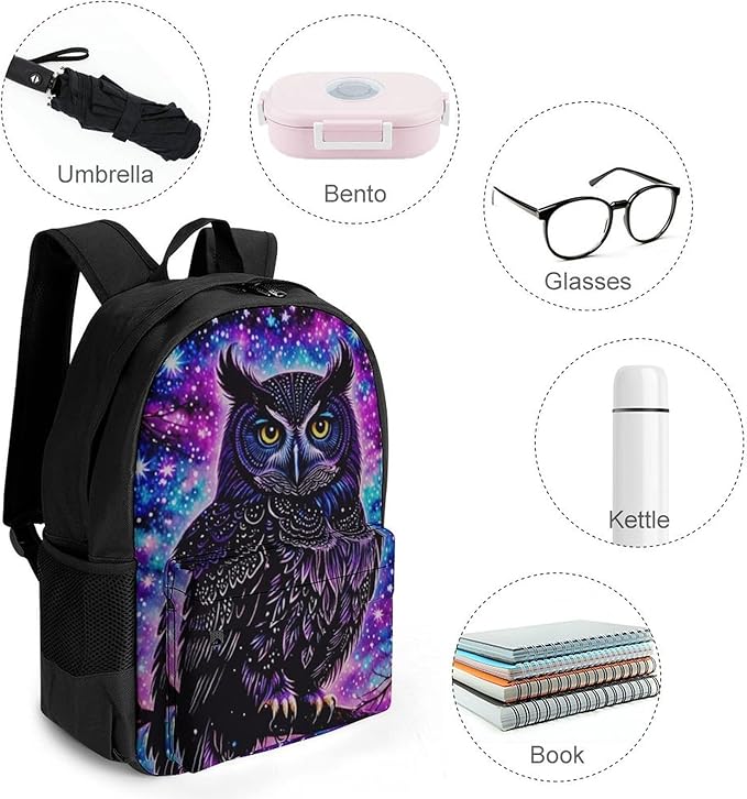 Men Women Polyester Galaxy Owl Daypack Backpack Large Capacity Carry On Bag With Smooth Zippers for Hiking Picnic Walking Cycling