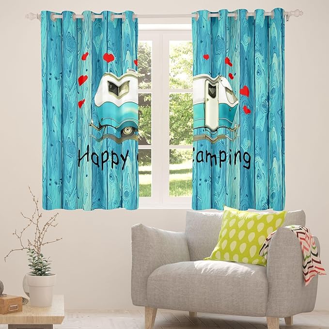 Erosebridal Happy Camping Window Drapes Cartoon Camper Blackout Curtains 42" Wx90 L RV Camper Decor Curtains for Bedroom Living Room,Vintage Farmhouse Window Treatments 2 Panels