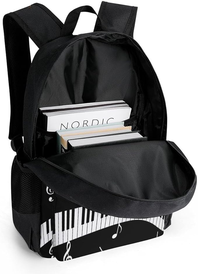Supdreamc Polyester Daypack Backpack for Climbing Outdoors Running, Big Capacity Multipurpose Anti-Theft Bookbag, Music Note Black And White Piano Keys Travel Hiking Camping Rucksack