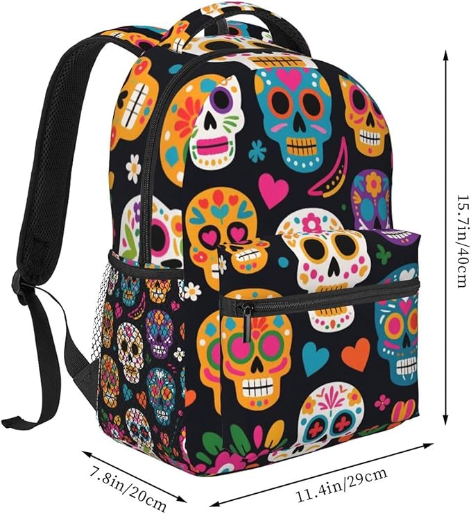 Men Women Polyester Mexican Sugar Skulls Backpack Large Capacity Bookbag With Smooth Zippers for Climbing Picnic Bicycle