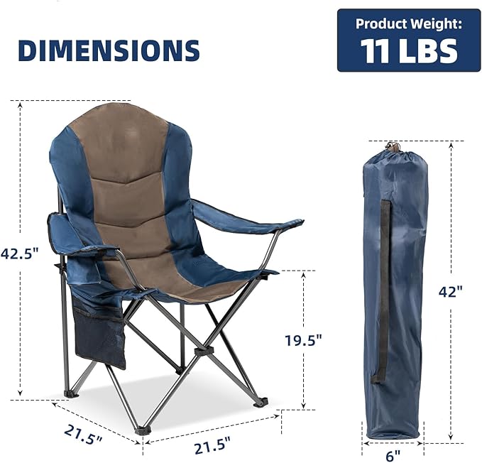 2 Pack Folding Camping Chairs for Adults - High Back Padded Portable Outdoor Lawn Chairs 400lbs Capacity, Adjustable Armrests - Lightweight Camp Chairs Set (Blue & Brown)