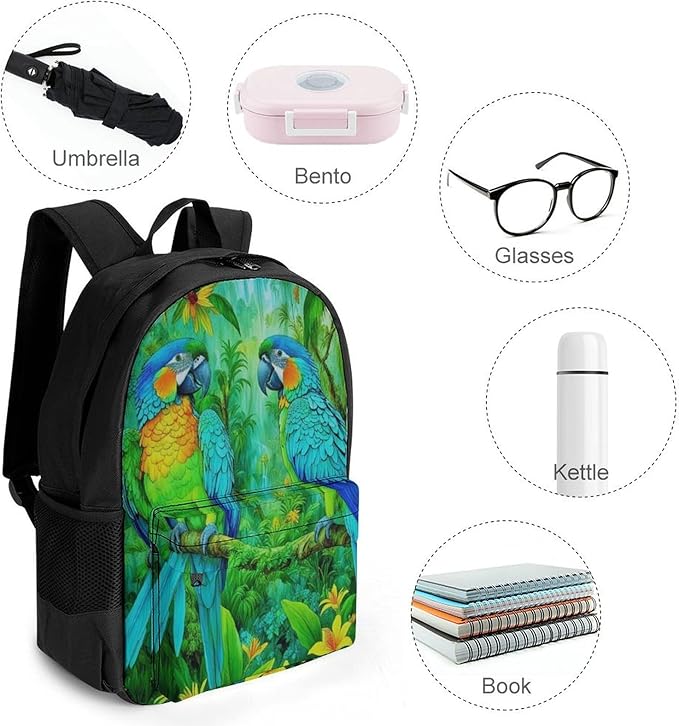 Supdreamc Polyester Daypack Backpack for Sports Travel Running, Big Capacity Anti-Theft Multipurpose Carry On Bag, Parrots Spirit Art Laptop Book Bag Rucksack