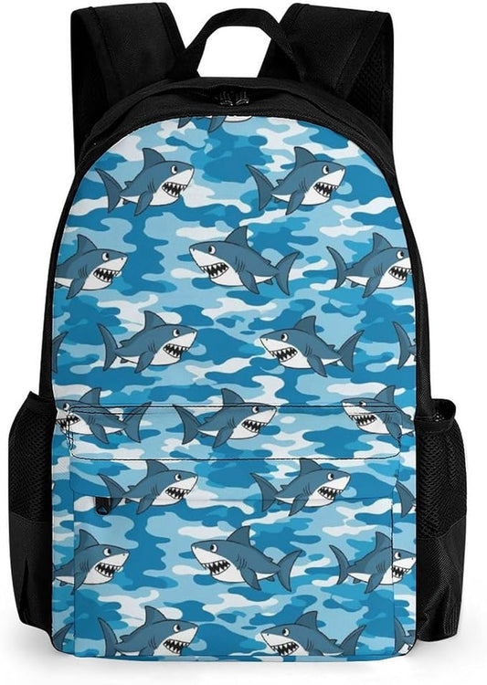 Supdreamc Men Women Polyester Army Blue Camo Shark Art Daypack Backpack Large Capacity Carry On Bag With Smooth Zippers for Hiking Picnic Walking Cycling