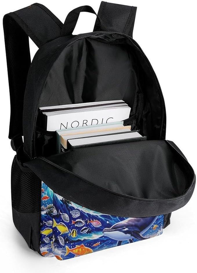 Supdreamc Polyester Daypack Bookbag for Gym Business Bicycle, Large Capacity Multipurpose Anti-Theft Carry On Bag, Dolphin Underwater World Rainbow Travel Hiking Daypack