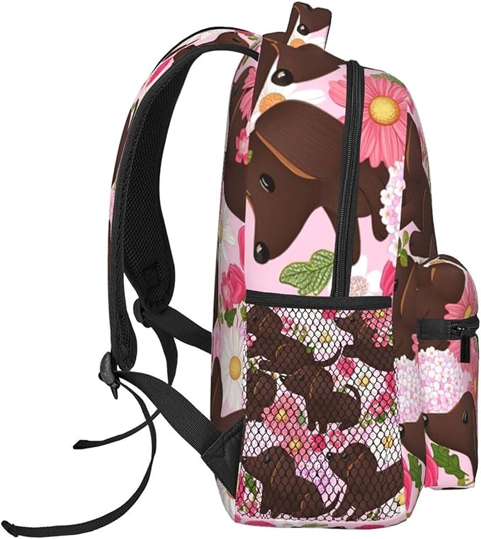 Daypack Bookbag Anti-Theft Multipurpose Large Capacity Bookbag, Golden Retriever Dog Pink Flower Travel Hiking Camping Rucksack With Adjustable Shoulder Straps