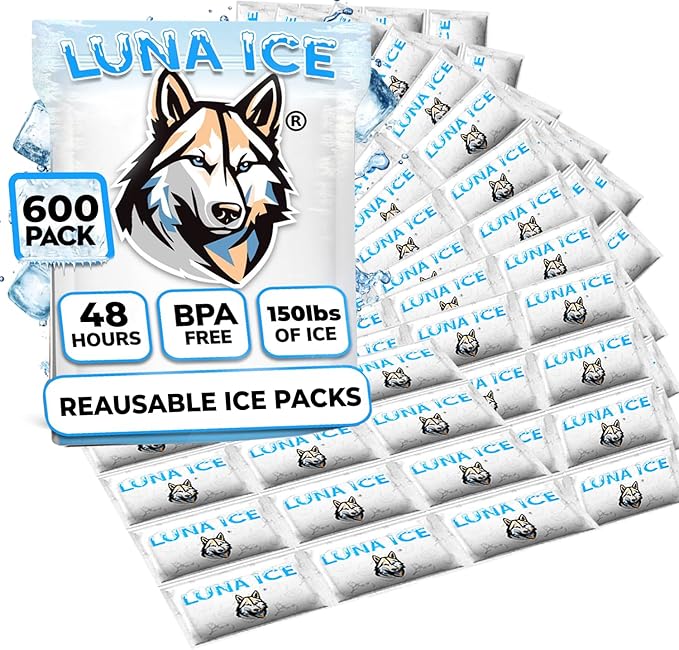 LUNA ICE Dry Ice Packs for Shipping - Long Lasting ice Packs - 24+ Hour Freeze Power - BPA Free - 600 Pack Bulk 150 lb – Hielo Seco - Reusable Gel Bricks for Food