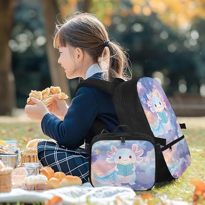 HUGS IDEA Axolotl Backpacks for Girls 4-6 Schoolbag with Lunch Box Cute Preschool Book Bags Student Hiking Camping Rucksack Daycare Bags Mochilas Para NiñA