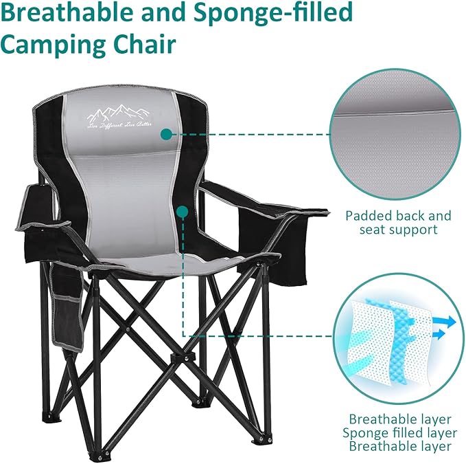 Camping Chair with Cooler Bag, Cup Holder, Storage Pocket, Heavy Duty 450lbs Capacity with Large Anti-Sink Feet, Portable Folding Padded Chair for Outdoor, Beach, Fishing, Sports, Black 2Pack