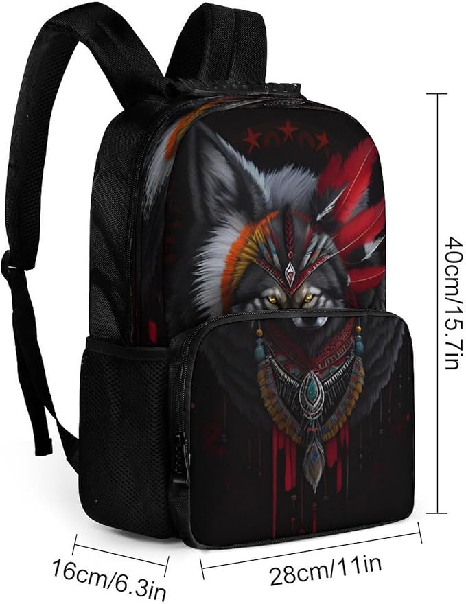 Daypack Lightweight Multipurpose Anti-Theft Indian Tribal Feather Demon Wolf Art Shoulder Bag Large Capacity Laptop Book Bag Rucksack With Adjustable Shoulder Straps