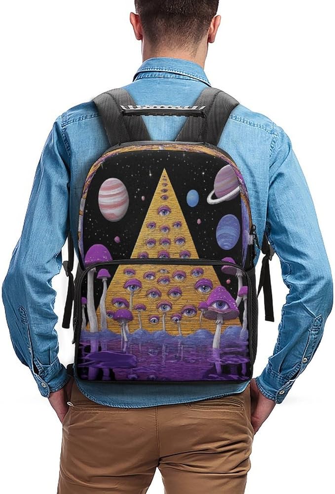 Shoulder Book Bags Polyester Multipurpose Anti-Theft Trippy Egyptian Pyramid Eye Mushroom Art Carry On Bag Large Capacity Travel Hiking Camping Rucksack
