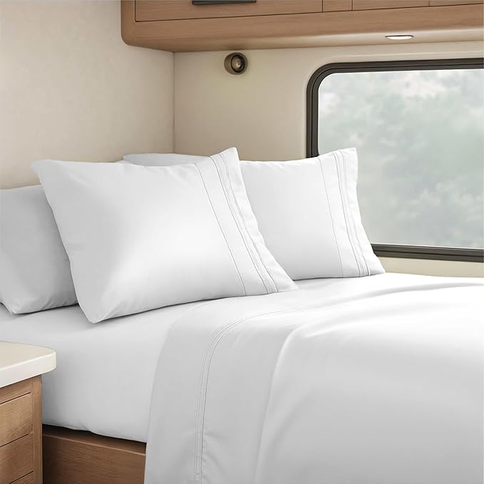Hearth & Harbor Short Queen Sheets for RV, White RV Queen Sheets, Silky Soft 1800 Microfiber Bed Sheet for Camper, 4 Piece RV Bedding with Pillowcases
