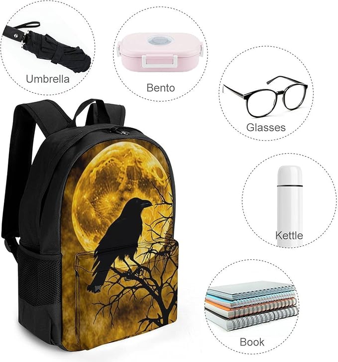 Backpack Anti-Theft Multipurpose Large Capacity Carry On Bag, Halloween Raven Moonlight Moon Night Camping Outdoor Backpack With Side Pockets