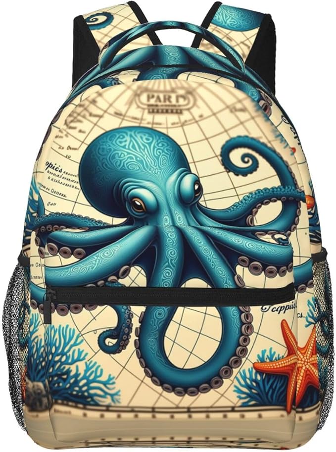 Rucksack Anti-Theft Multipurpose Big Capacity Carry On Bag, Retro Octopus Art Traveling Camping Backpack With Side Pockets