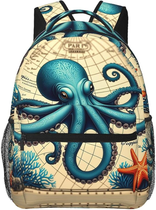 Rucksack Anti-Theft Multipurpose Big Capacity Carry On Bag, Retro Octopus Art Traveling Camping Backpack With Side Pockets
