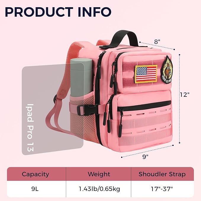 9L Mini Tactical Molle Backpack 9L Small Gym Bag Small Military Assault EDC Backpack for Men Women With Fishing,Hiking,Camping,Traveling,Yoga,Work(Pink)
