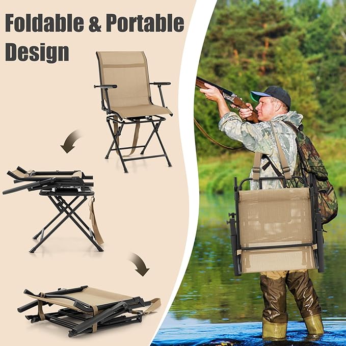 LDAILY Moccha Hunting Chair, 360° Swivel Blind Chair w/Armrest & Mesh Back, Non-Slipping Pads, Sturdy Metal Frame, 330LBS Capacity, Portable and Silent Folding Hunting Chairs for Blinds (Brown)
