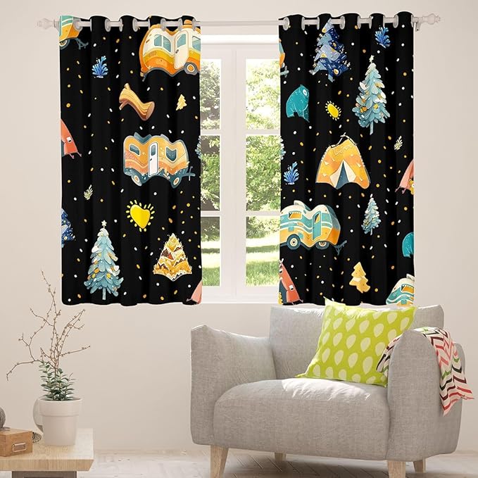 Feelyou Adventure Camping Curtains for Bedroom Living Room Camper Picnic Blackout Darkening Drapes Happy Camping Black Window Treatments, 2 Panels 42 x 90 Inch Room Decor