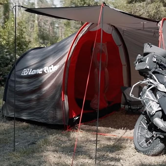 MotoTent Motorcycle Tent - Fully Waterproof 2 Person Tunnel Shelter with Bike Garage - Easy Setup Ultralight Dome for Touring & Hiking - Includes Carry Bag, Groundsheet and Pegs