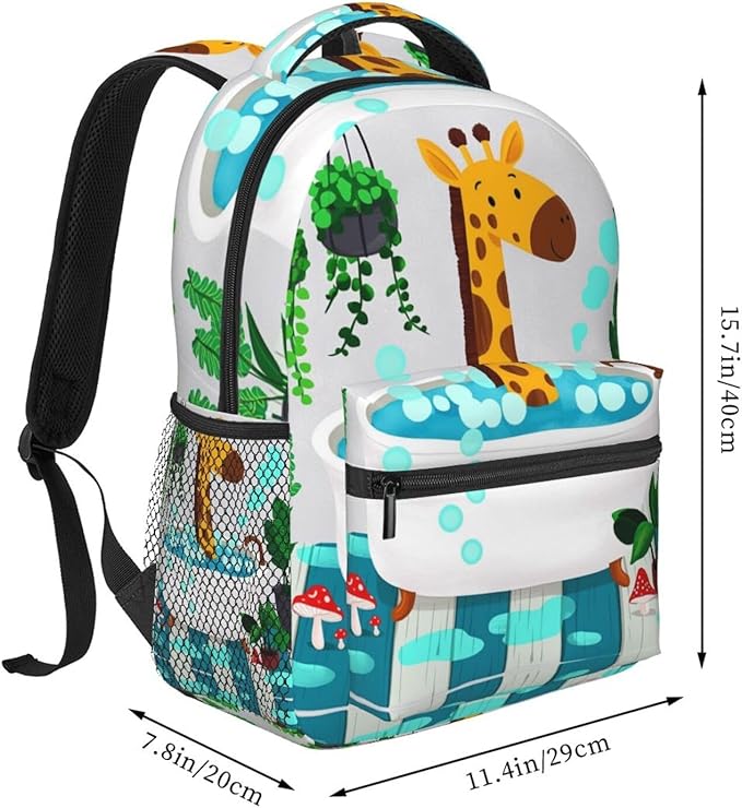 Backpack Polyester Anti-Theft Multipurpose Cute Bathtub Giraffe Art Bookbag Large Capacity Laptop Book Bag Rucksack With Side Pockets