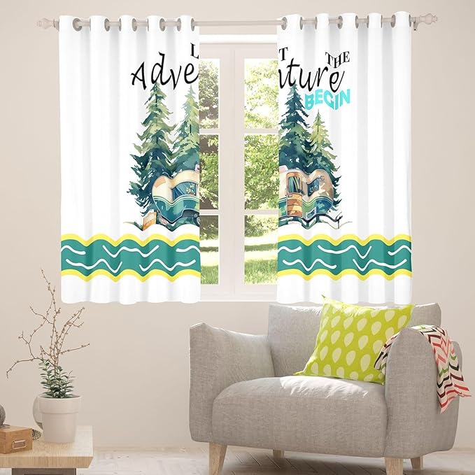Happy Camping RV Blackout Curtains,Camper Trailer Nature Adventure Window Drapes,Pine Tree Rustic Farmhouse Nursery Bedroom Playroom Decor,Country Green 2 Panels,42Wx63L inch