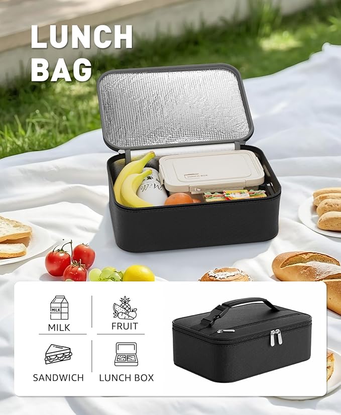 Small Lunch Box Insulated Lunch Bag for Women Men, Bento Kids Lunch Box, Compact Portable Thermal Meal Cooler Bags with Buckle Handle for Work & School, Black 5L