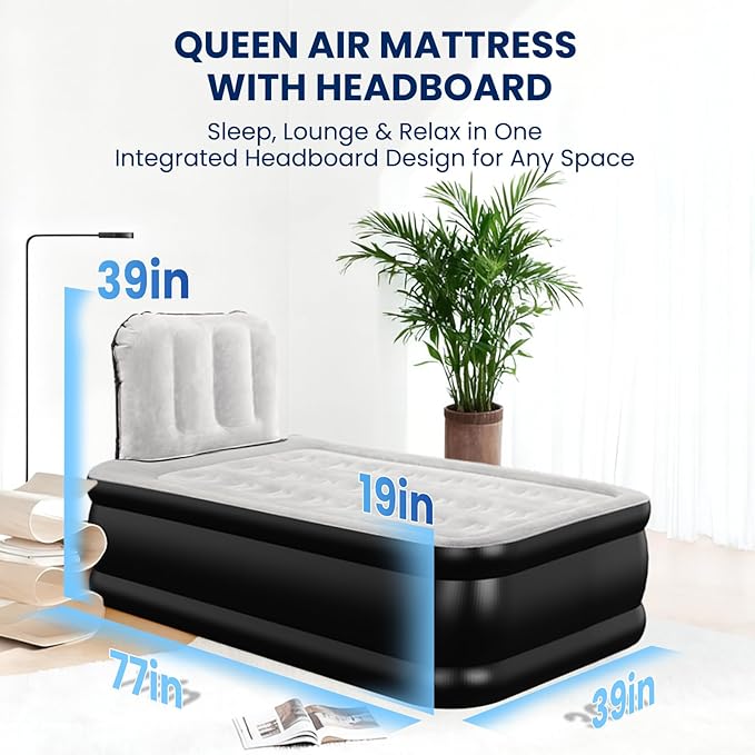 Twin Air Mattress with Headboard, Built-in Pump, 600 lbs Heavy-Duty Support, 48-Hour Leak-Tested PVC, 19" Raised Comfort Design, 2.5 Min Fast Inflation, Inflatable Mattress for Home, Guests & Camping