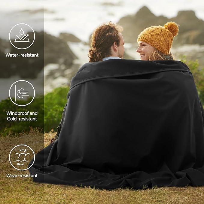 BEDELITE Large Waterproof Camping Blanket, Lightweight for Cold Weather, Foldable Fleece Stadium Blanket for Outdoor Sports, Windproof, Wearable, Machine Washable, 55" x 80",Black