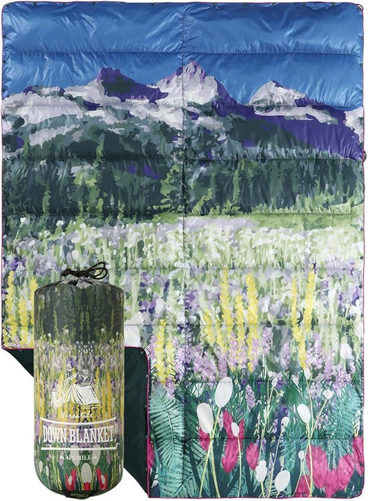 APSMILE Outdoor Down Blanket | Extra Warm & Puffy Camping Blanket | Water-resistant, Lightweight, Packable Sleeping Quilt for Camp, Travel, Hiking, Picnic, Backpack (Flower Valley HD Printed, 52"x75")
