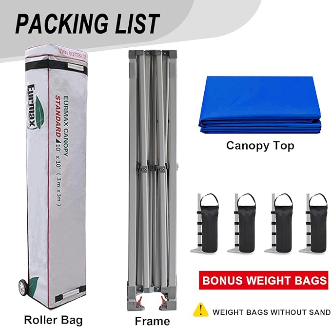 Eurmax USA Standard 10x10ft Patio Pop Up Canopy Tent for Outdoor Events Commercial Instant Canopies with Heavy Duty Roller Bag,Bonus 4 Canopy Sand Bags (Blue)