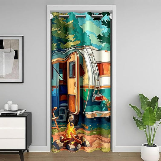 Camper RV Trailer Kids Door Curtain,Tent Bonfire Campfire Pine Tree Nature Blackout Curtain,Rustic Farmhouse Cabin Bedroom Doorway Living Room Decor,Watercolor Privacy Door Drape 1 Panel,34" W X 80" L