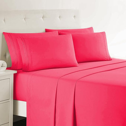 Clara Clark Full Sheets, 6 Piece Set - Hotel Luxury Bed Sheets, Super Soft Bedding Set, Full Size, Hot Pink