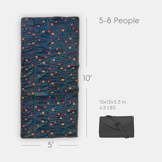 Little Unicorn 5'x10' XL Outdoor Family Picnic & Beach Blanket | Durable & Water-Resistant Fabric | Compact Fold & Easily Wipes Clean | Zipper Pocket (Midnight Poppy)