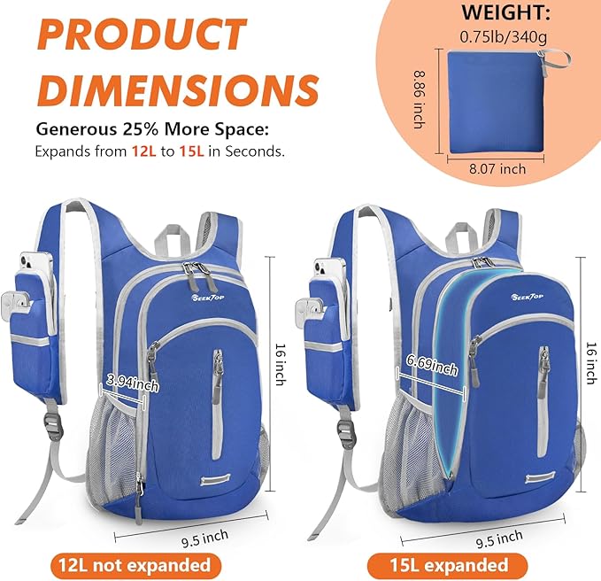 Seektop Expandable Small Hiking Backpack 12L-15L Lightweight Packable Waterproof Daypack with Phone Pocket for Women Men