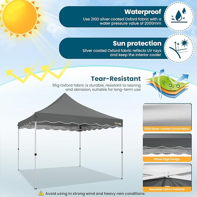 HOTEEL 10x10 Pop Up Canopy, Easy Setup Party Tent with Carry Bag, Weight Bag, Outdoor Portable Event Shelter for Backyard, Market, Gray
