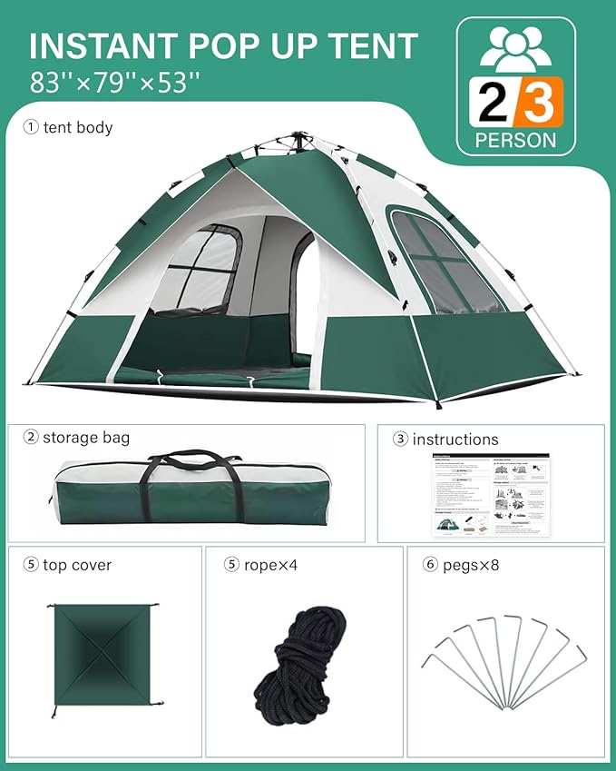 Instant Tent Person - Automatic Pop Up Camping Tent/Silver Coating UV Protection, Waterproof Portable for Backpacking & Camping with Carring Bag(Easy Setup & Fold)