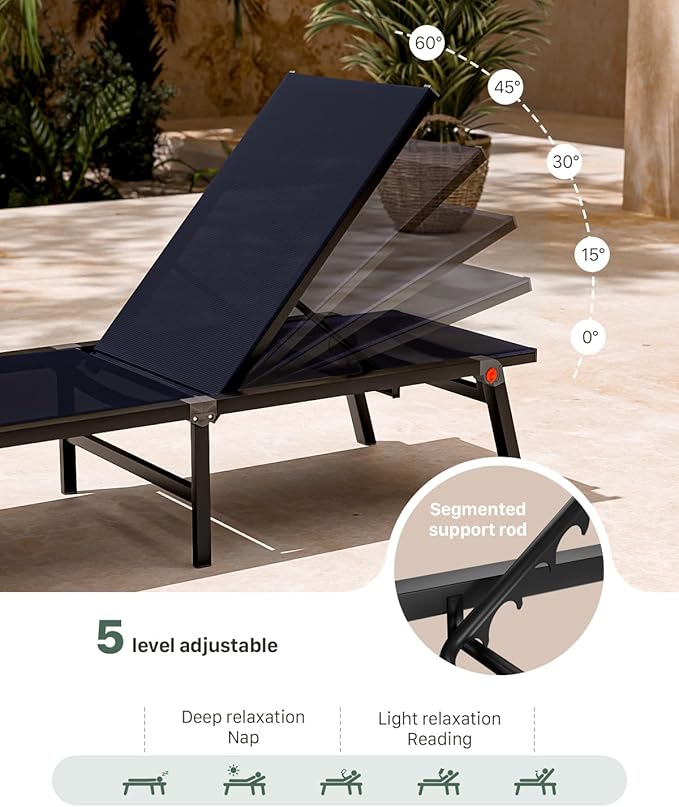 Aluminum Chaise Foldable Patio Lounge Chair Outdoor, Deck Lounger Adjustable 5-Position Recliner Pool Chase Breathable Full Flat Outside Sun Tanning Chairs for Beach/Poolside/Lawn(Navy Blue, 2 Pack)