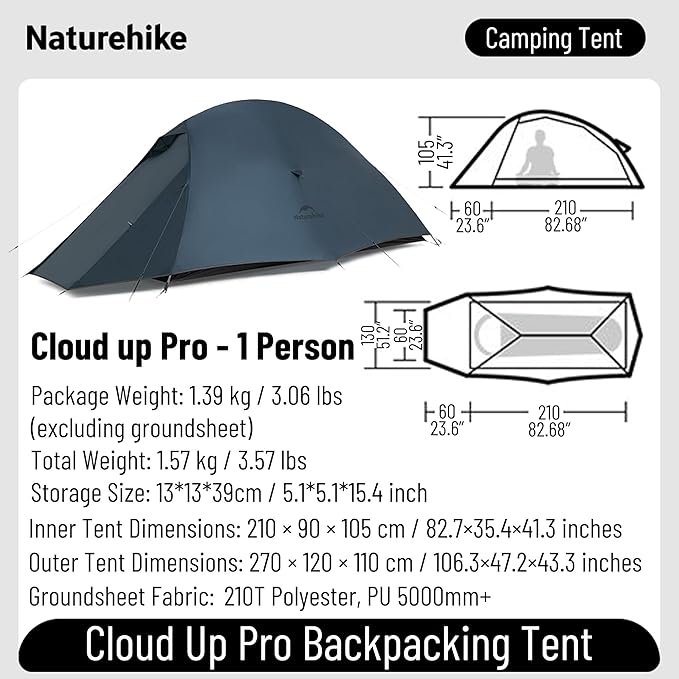 Naturehike Cloud up Pro Camping Tent, 1/2/3 Person Ultralight Tents, 3 Season Backpacking Tent, Waterproof for One Man, Self-Standing Easy Setup for Cycling, Outdoor Camp