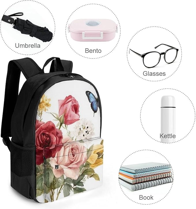 Lightweight Backpack for Gym Travel Bicycle, Big Capacity Multipurpose Anti-Theft Carry On Bag, Flower Shabby Chic Roses Buds Leaves Tulips Floral Butterfly Travel Hiking Bag Day Pack