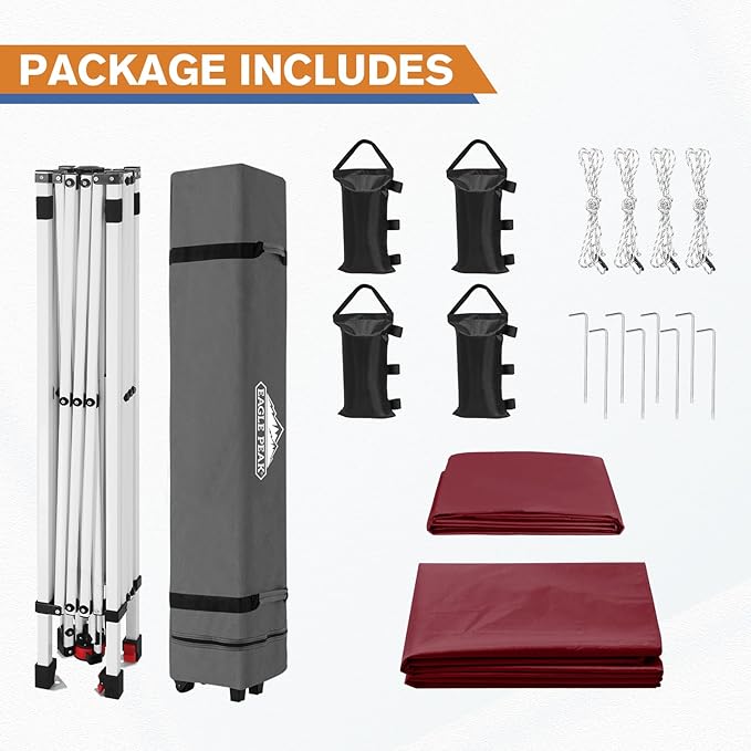 EAGLE PEAK Pop Up Canopy Tent with 1 Sidewall, Easy Setup Event Tent, Outdoor Sun Shade, Wheeled Carry Bag, Stakes and Guy Ropes, Instant Canopy 10x10, Burgundy