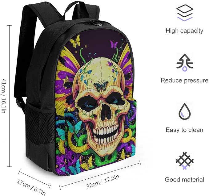 Men Women Lightweight Skull And Butterflies Backpack Large Capacity Carry On Bag With Padded Straps for Sports Work Walking Cycling