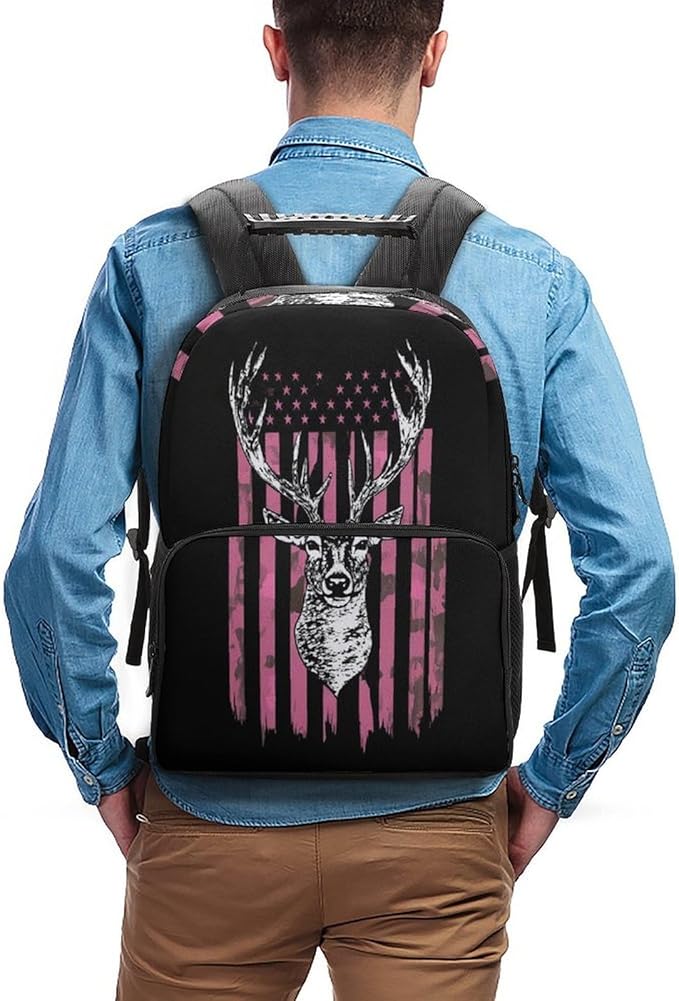 Polyester Daypack for Hiking Work Running, Big Capacity Anti-Theft Multipurpose Shoulder Bag, American Flag Camo Deer Hunting Pink Camouflage Travel and Sport Backpack Rucksack