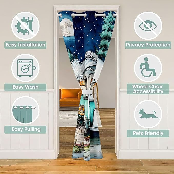 Cartoon Camper Kids Door Curtain,Starry Sky Moonlight Pine Tree Natural Blackout Curtain,RV Trailer Summer Adventure Bedroom Doorway Living Room Decor,Teal Privacy Door Drape 1 Panel,60" W X 80" L