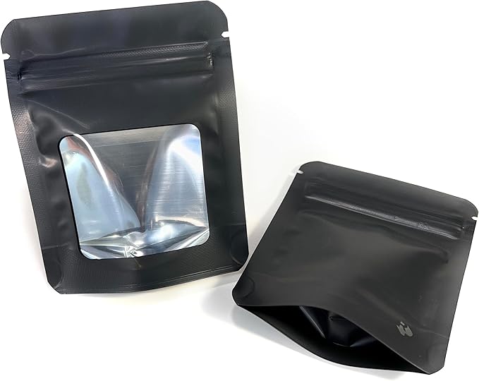 Smell Proof Odor Free Mylar TRAYBAGS (50 pack) Stand Up Foil Pouch, Strong Reusable Zip Seal, 4 Mil Thick. ROYPACK (Matte Black with Window, Mini 1g)