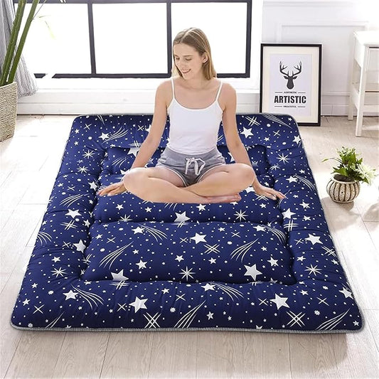 Japanese Floor Mattress,Thicken Japanese Floor Sleeping Pad Foldable,Roll Up Tatami Mat Easy to Store and Portable,Futon Mattress Suitable for Camping and Guest Room (Starry Blue, Queen (80" X 60"))